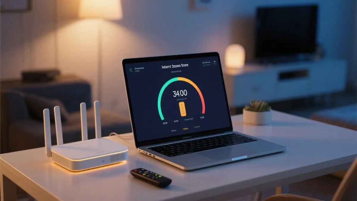 桌面上放着笔记本测速页面与路由器，旁边是电视遥控器，体现赛前网络与设备检查